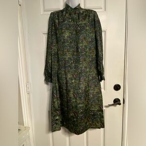 T32- VINTAGE Green Paisley High-Neck Midi Shirt Day Dress